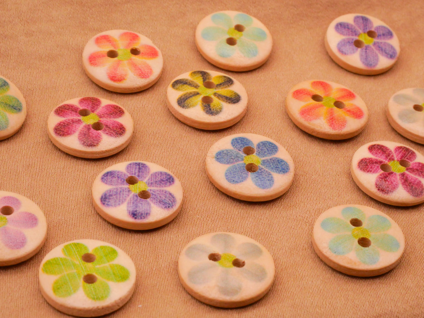 Flower Colorful Painterly Wood Set of Ten Buttons 15mm