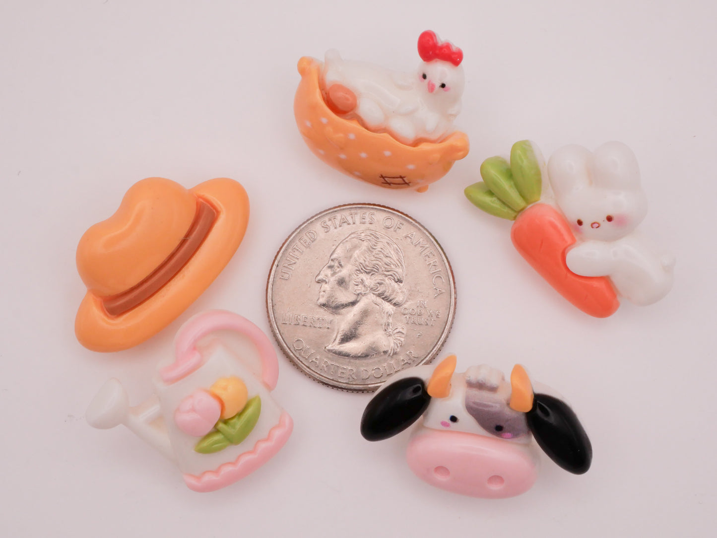 Farm Hat Cow Chicken Rabbit Carrot Watering Can Plastic Set of Five Buttons 15-28mm