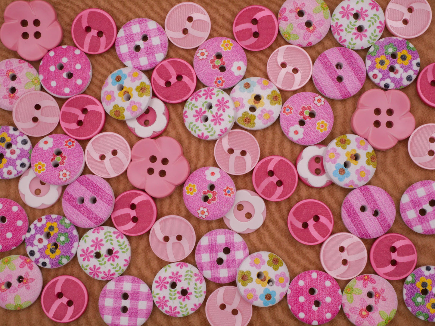 Pink Patterns Flower Wood Plastic Set of Fifty-Five 12-17mm