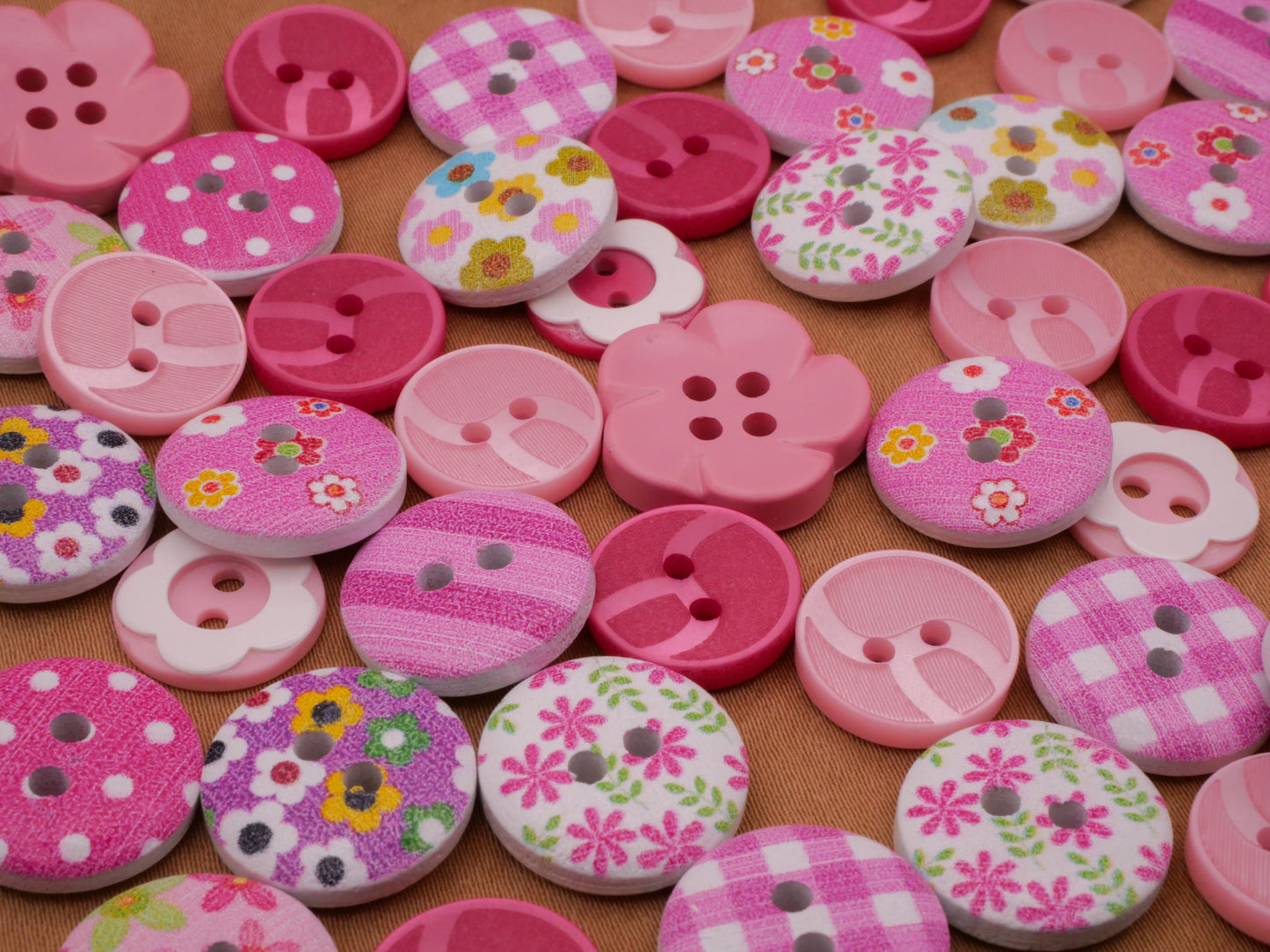 Pink Patterns Flower Wood Plastic Set of Fifty-Five 12-17mm