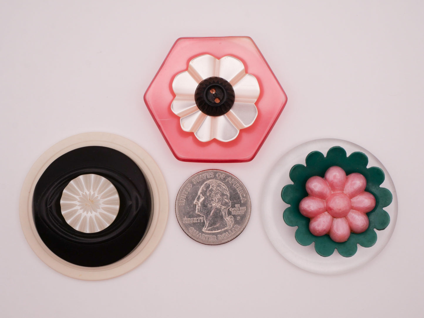 Pearlized Vintage Plastic Stack Flower Eye Set of Three Buttons Various 13-47mm