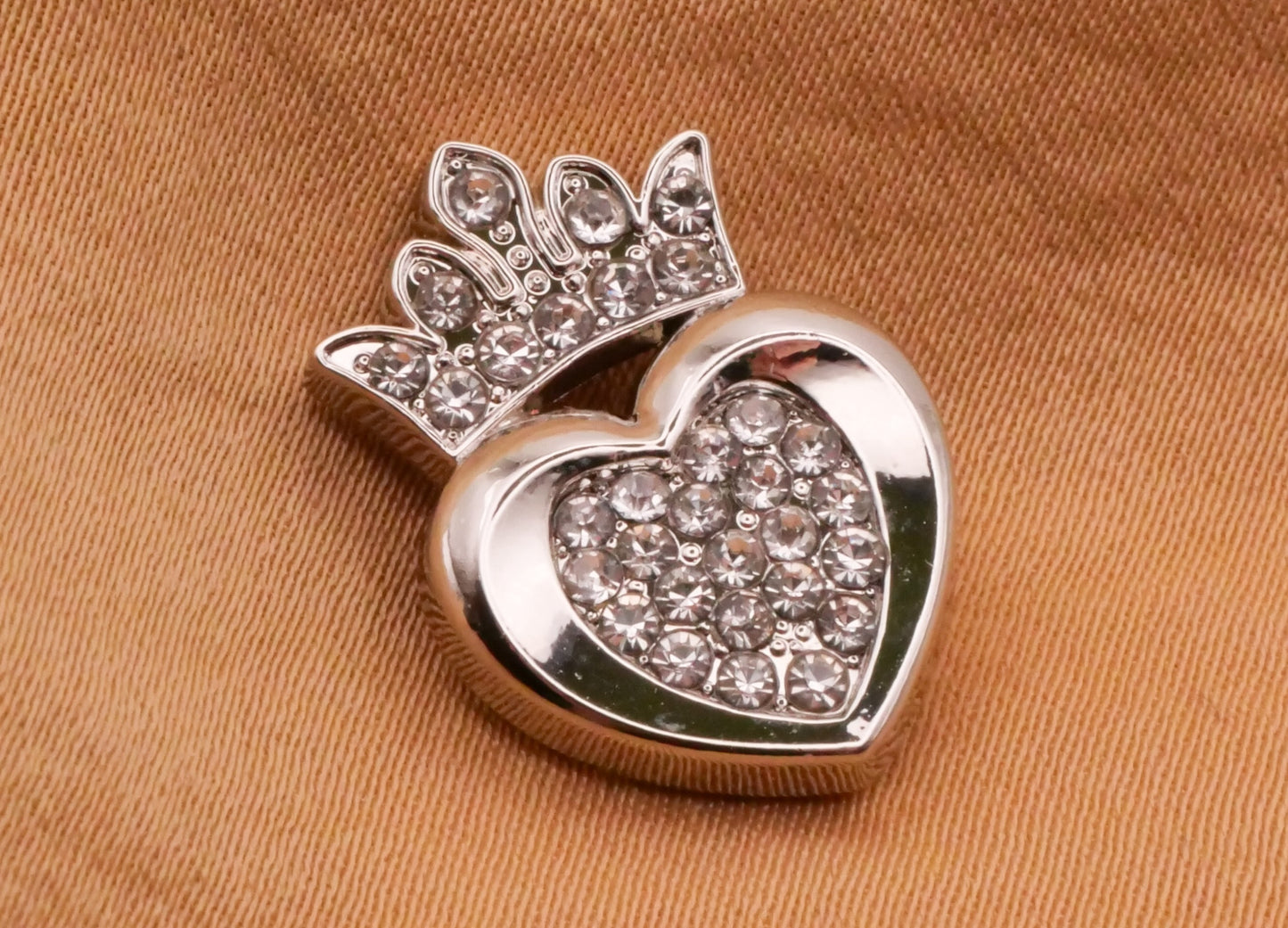 Heart Crown Rhinestone Silver Metal Button 14x20mm