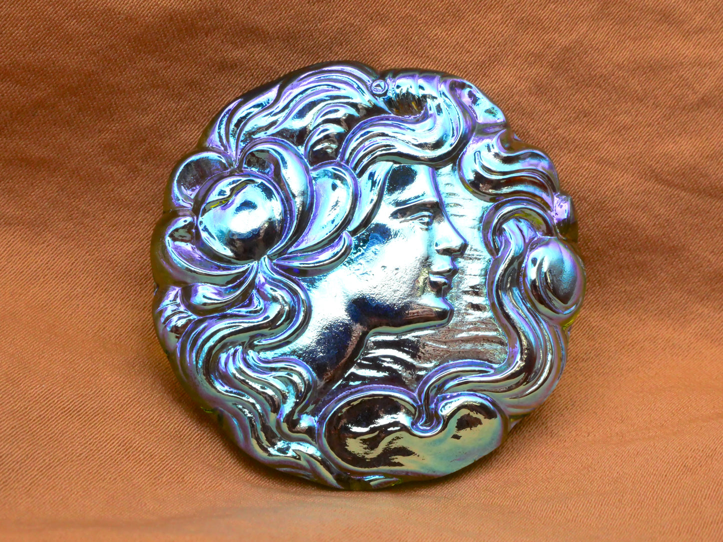 Art Nouveau Lady Portrait Czech Glass Iridescent Blue Green Large Button 39mm