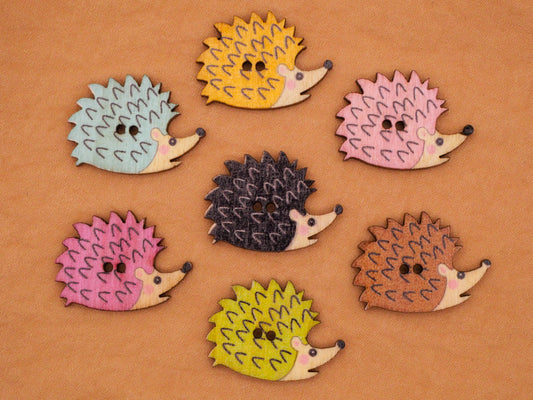 Hedgehog Colorful Wood Set of Seven Buttons 18x25mm