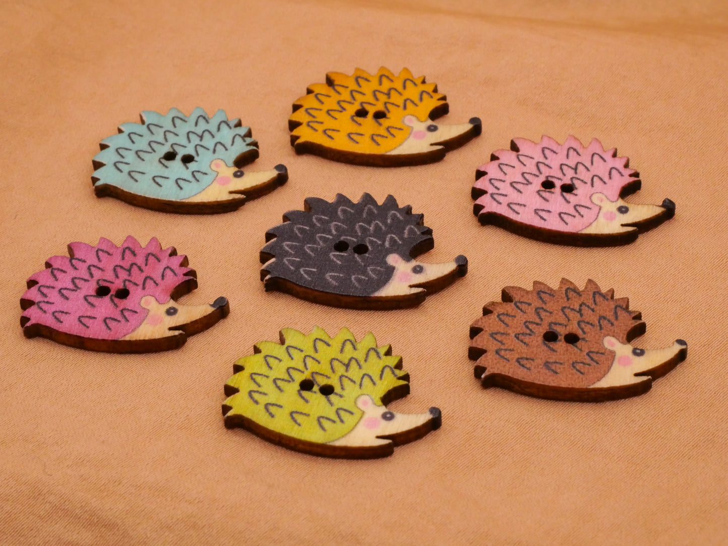 Hedgehog Colorful Wood Set of Seven Buttons 18x25mm