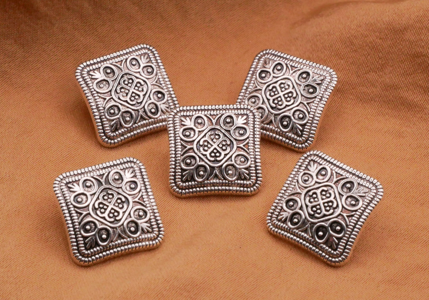 Filigree Square Tile Look Silver Metal Set of Five Buttons 14mm