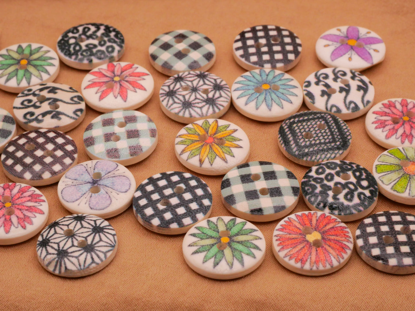 Retro Flower Black White Colorful Wood Set of Thirty Buttons 15mm