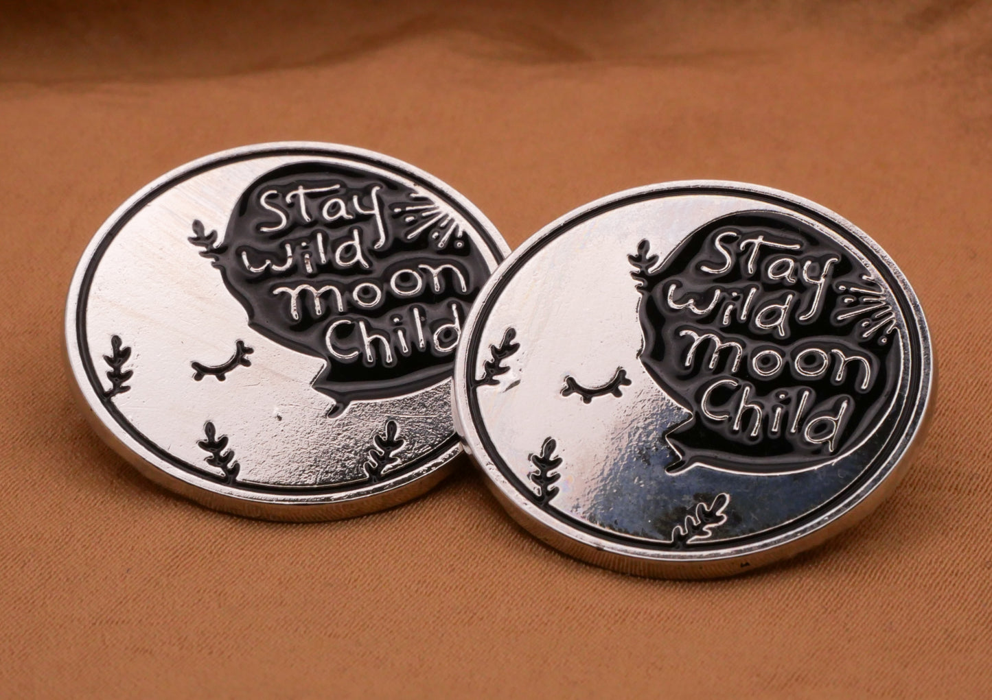 Stay Wild Moon Child Crescent Silver Metal Enamel Button 28mm