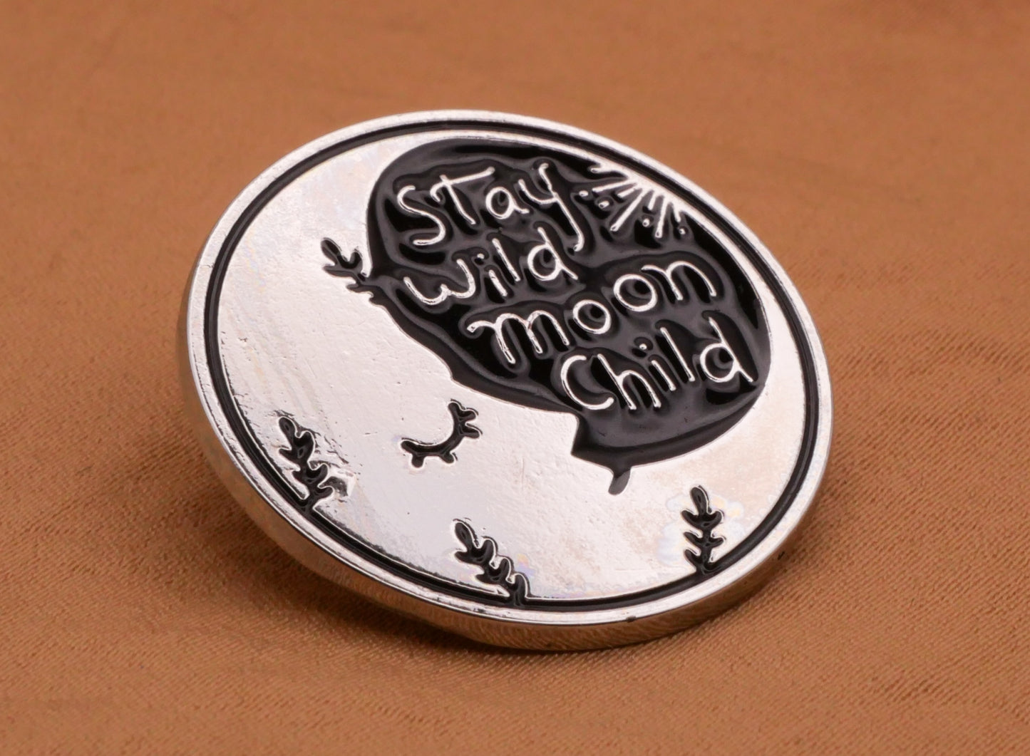 Stay Wild Moon Child Crescent Silver Metal Enamel Button 28mm