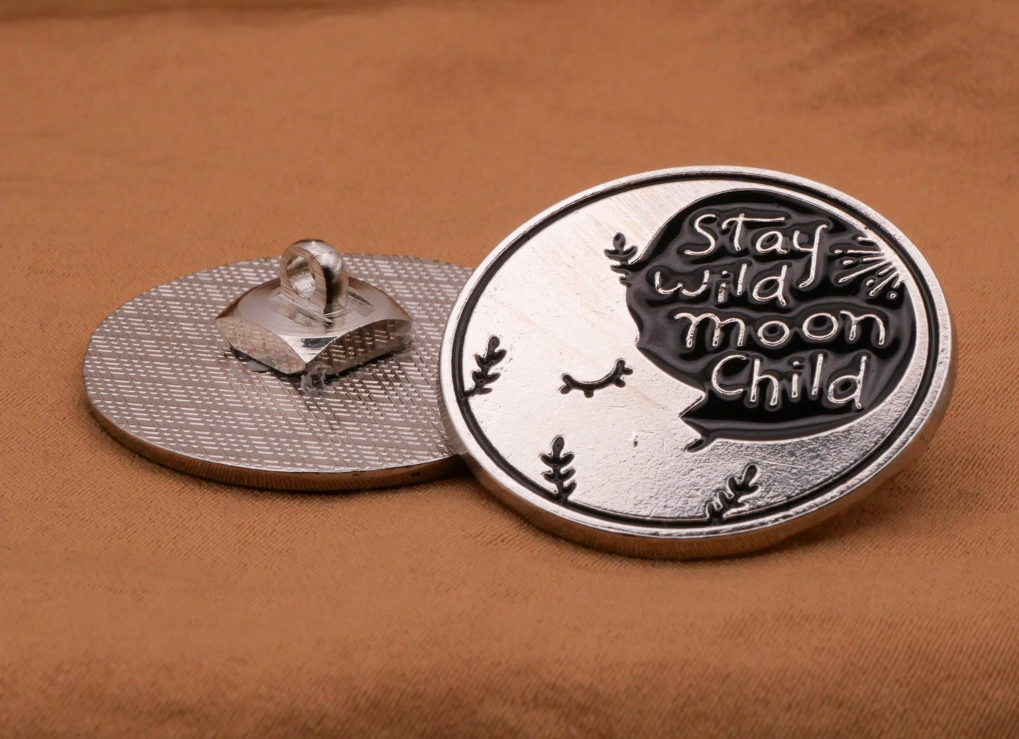 Stay Wild Moon Child Crescent Silver Metal Enamel Button 28mm