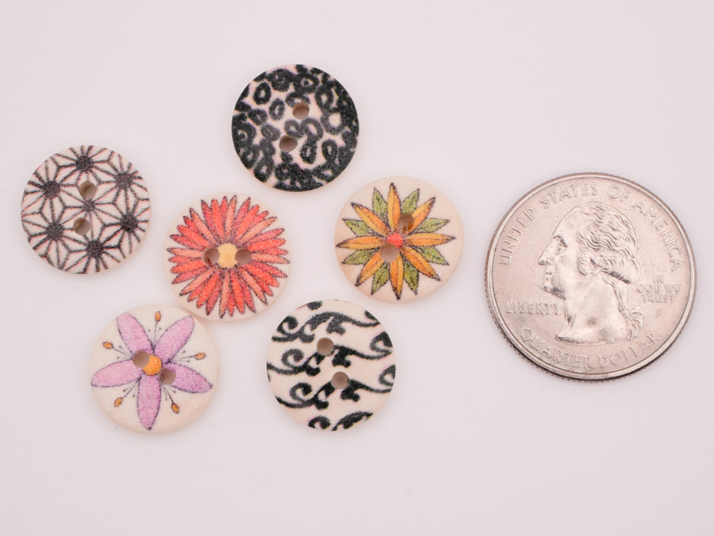 Retro Flower Black White Colorful Wood Set of Thirty Buttons 15mm