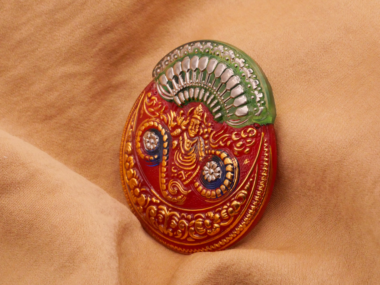 Hindu God Czech Glass Reverse Painted Red Green Gold Large Button 40x45mm