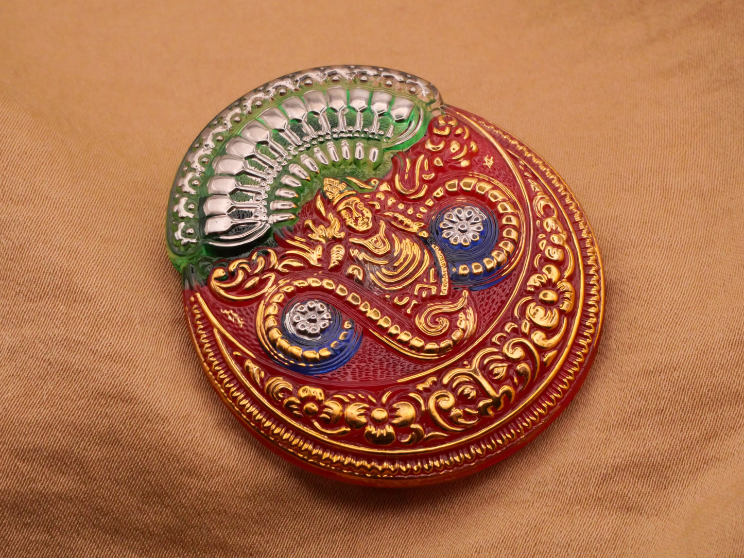 Hindu God Czech Glass Reverse Painted Red Green Gold Large Button 40x45mm