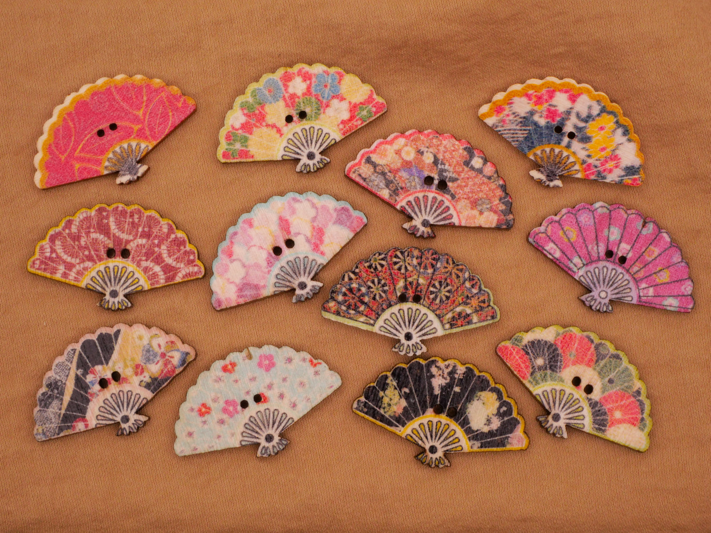 Fan Asian Inspired Patterns Wood Set of Eight Buttons 18x30mm