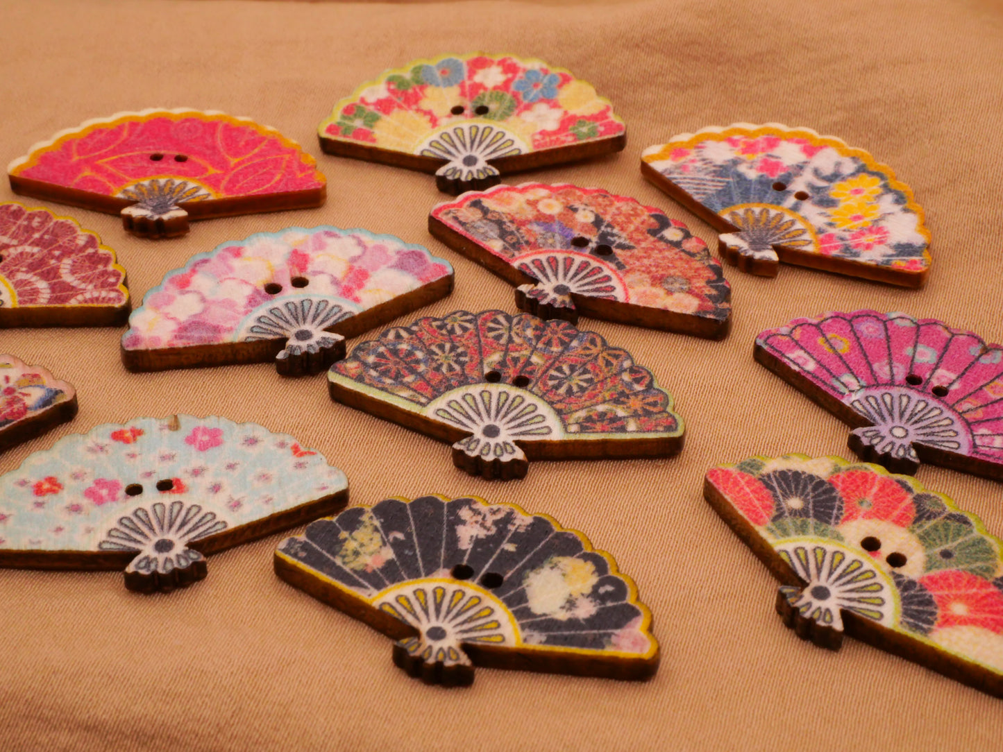 Fan Asian Inspired Patterns Wood Set of Eight Buttons 18x30mm