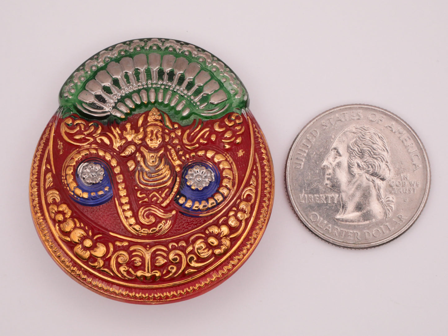 Hindu God Czech Glass Reverse Painted Red Green Gold Large Button 40x45mm