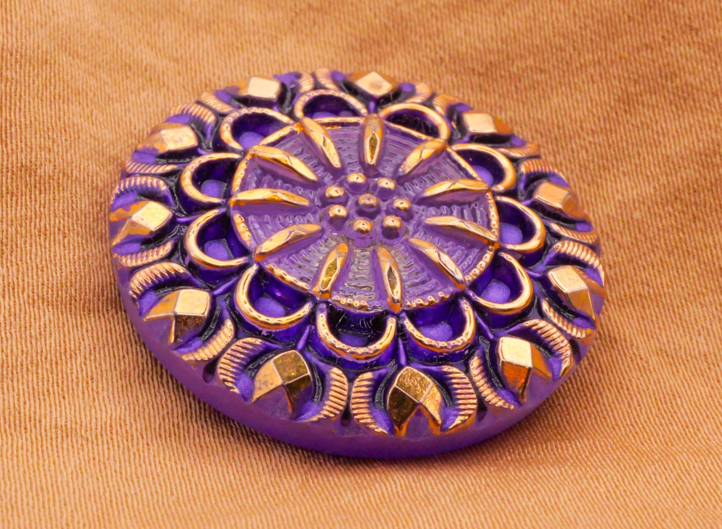 Purple Gold Flower Sunburst Czech Glass Button 27mm