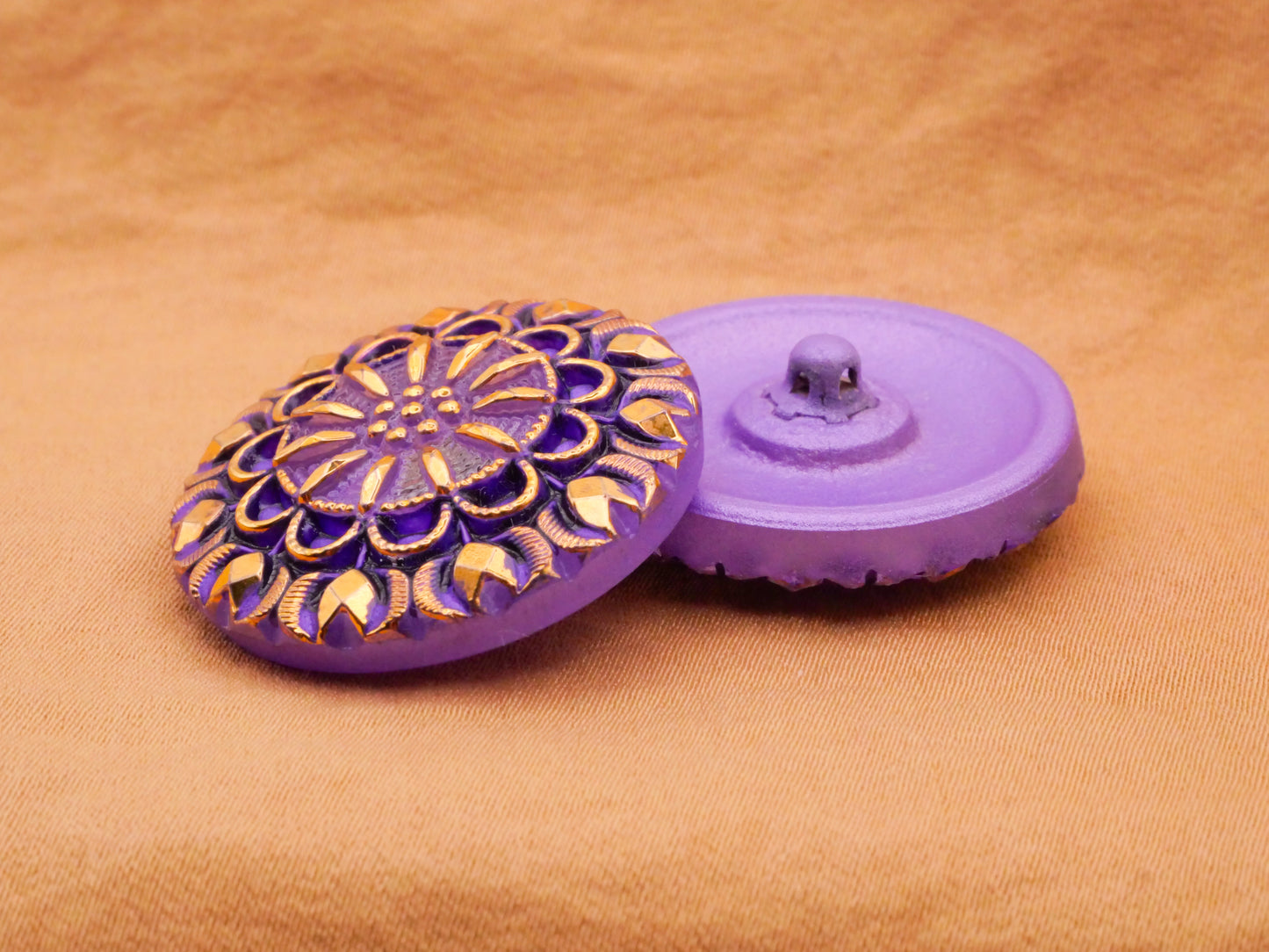 Purple Gold Flower Sunburst Czech Glass Button 27mm