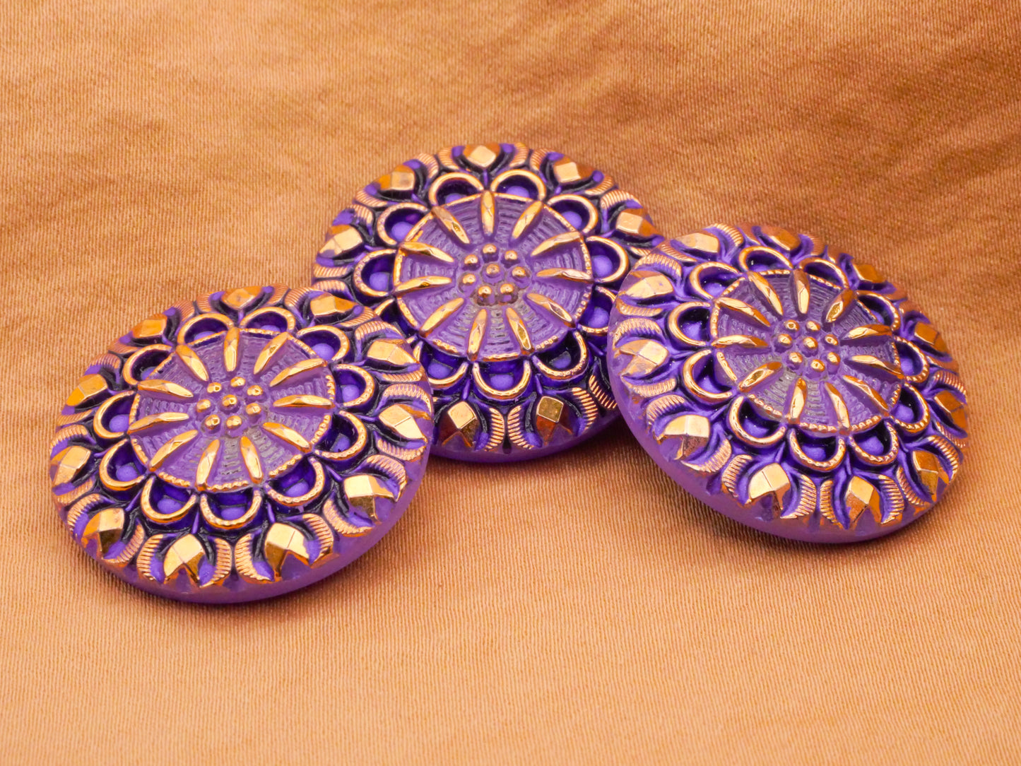 Purple Gold Flower Sunburst Czech Glass Button 27mm