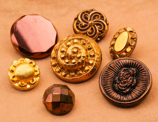 Metallic Gold Copper Bronze Vintage Glass Set of Seven Buttons 9-19mm