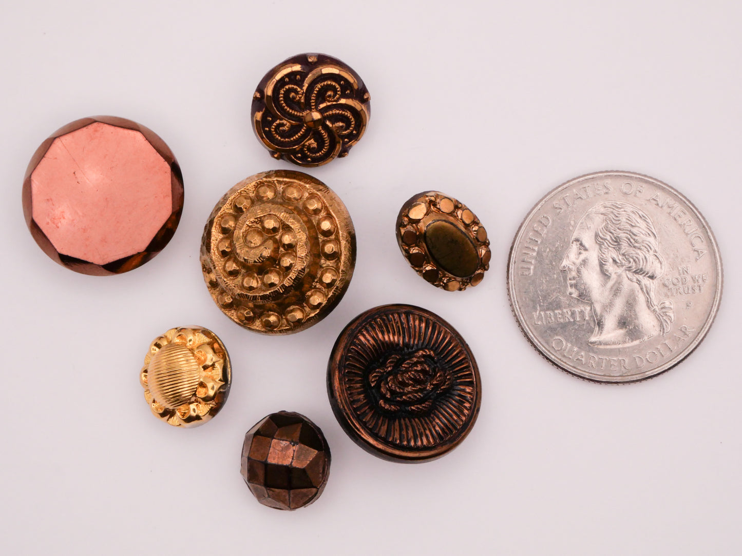 Metallic Gold Copper Bronze Vintage Glass Set of Seven Buttons 9-19mm