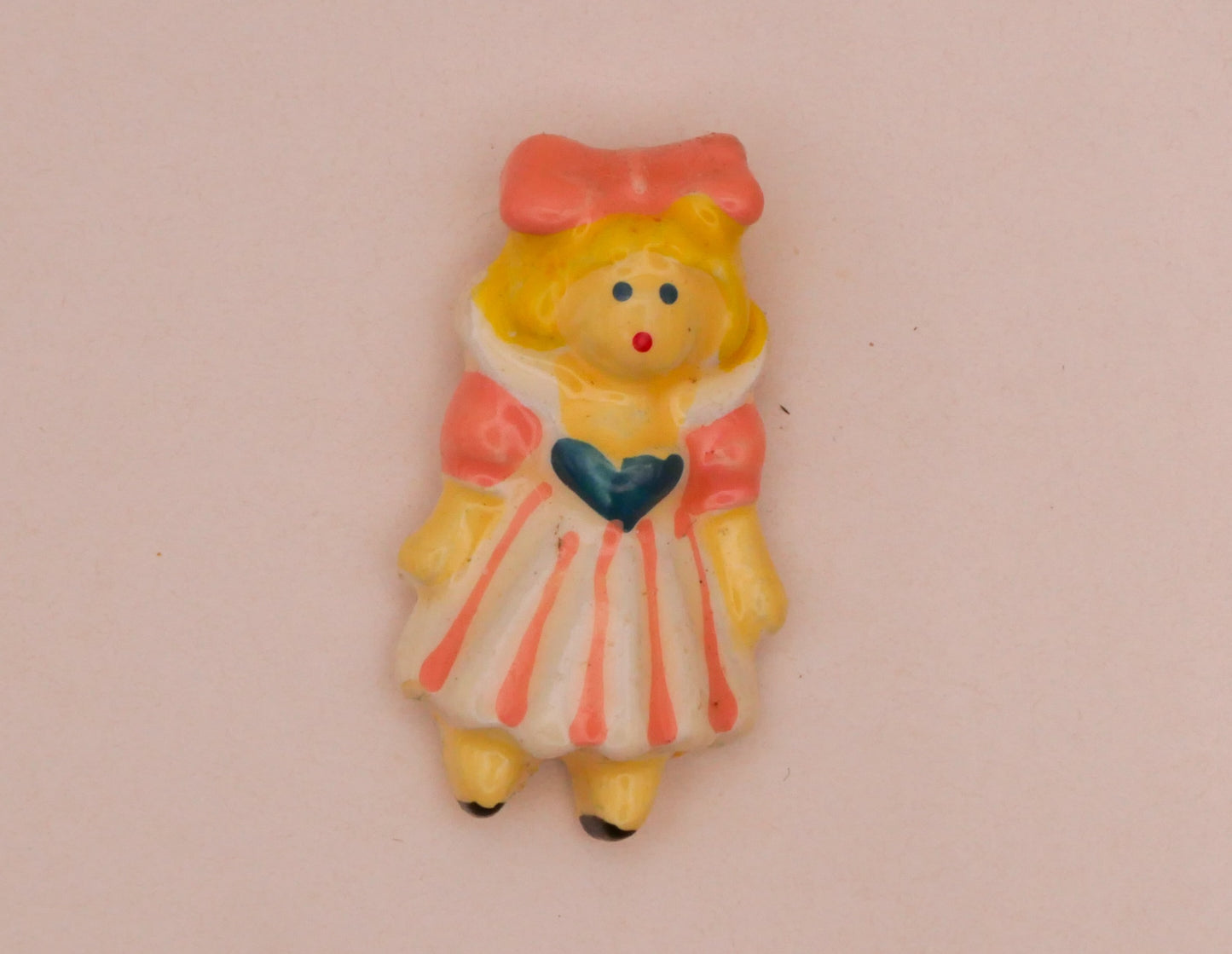 Girl Peachy Pink Bow Hand-Painted Enamel Metal JHB Carded Pair of Buttons 12x21mm