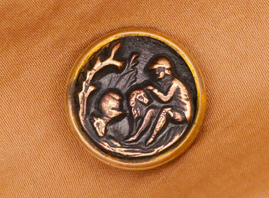 Man and Dog Victorian Brass Metal Picture Button 18mm