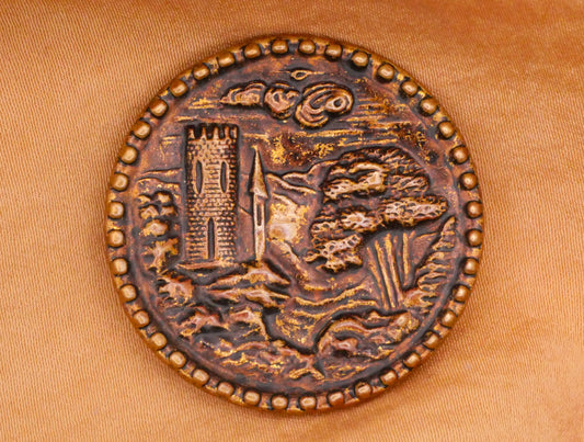 Castle Tower Landscape Clouds Trees Large Victorian Picture Button 34mm