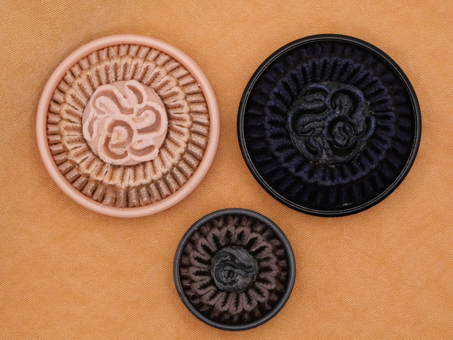 Passementerie Hot Tooled Vintage Plastic Fabric Tan Blue Grey Couture Button Various 20-29mm