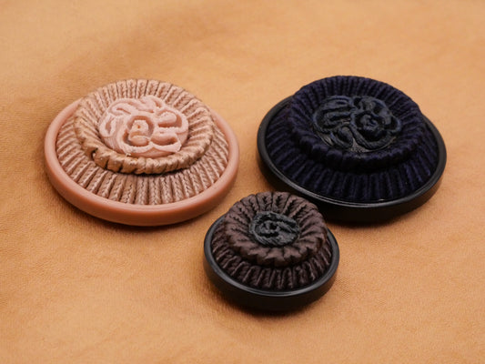 Passementerie Hot Tooled Vintage Plastic Fabric Tan Blue Grey Couture Button Various 20-29mm