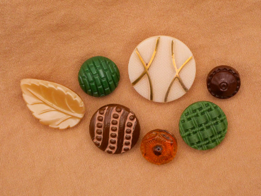 Glass Green Brown Orange Ivory Leaf Vintage Set of Seven Buttons 9-18mm