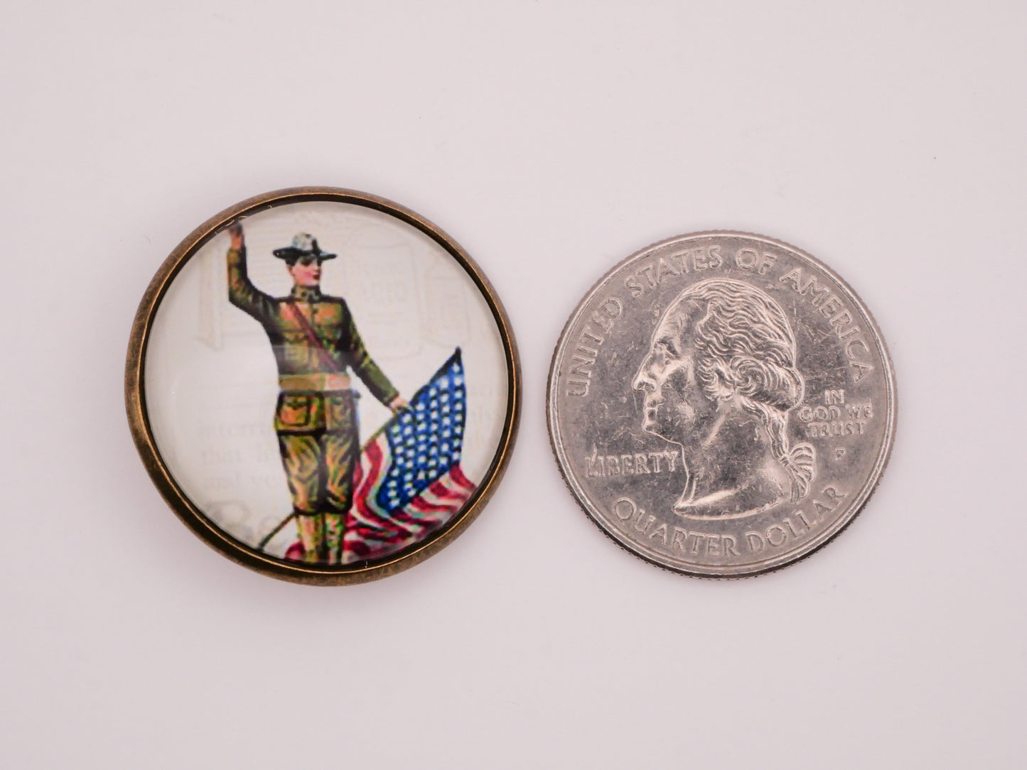 WWI Doughboy American Flag Vintage Illustration Glass Metal Button 28mm