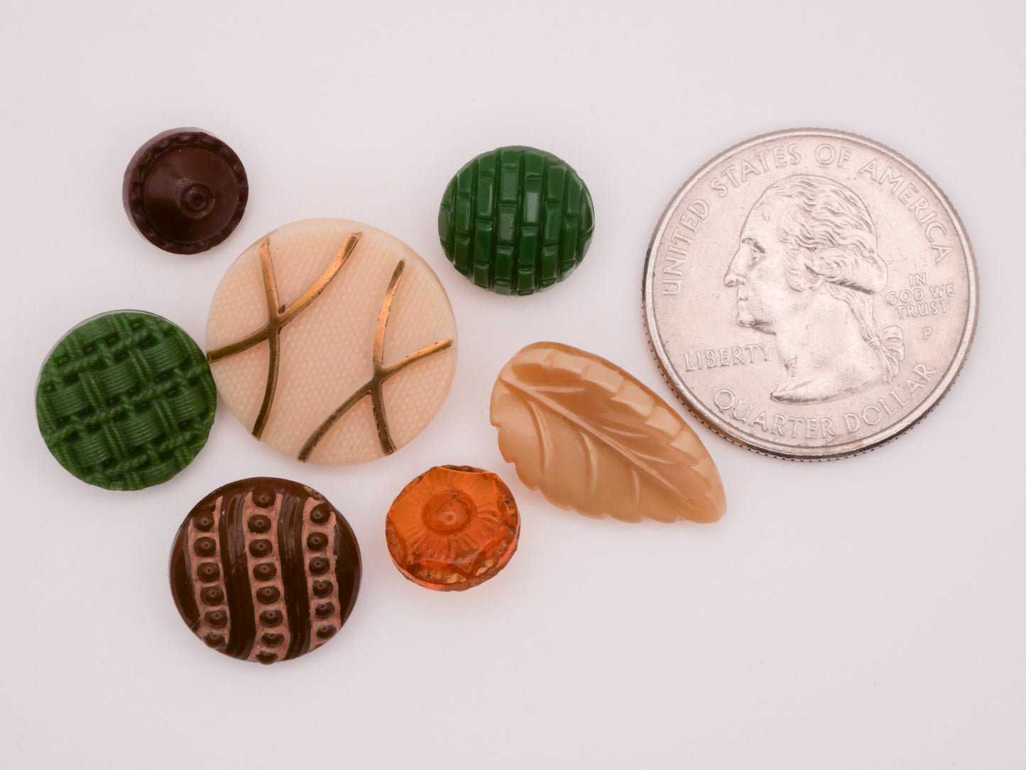 Glass Green Brown Orange Ivory Leaf Vintage Set of Seven Buttons 9-18mm