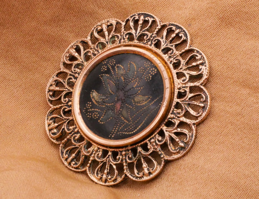 Flower Looks Like Horn Celluloid Filigree Metal Victorian Button 31mm