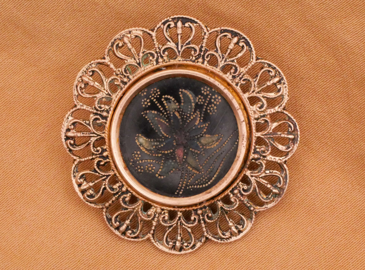 Flower Looks Like Horn Celluloid Filigree Metal Victorian Button 31mm