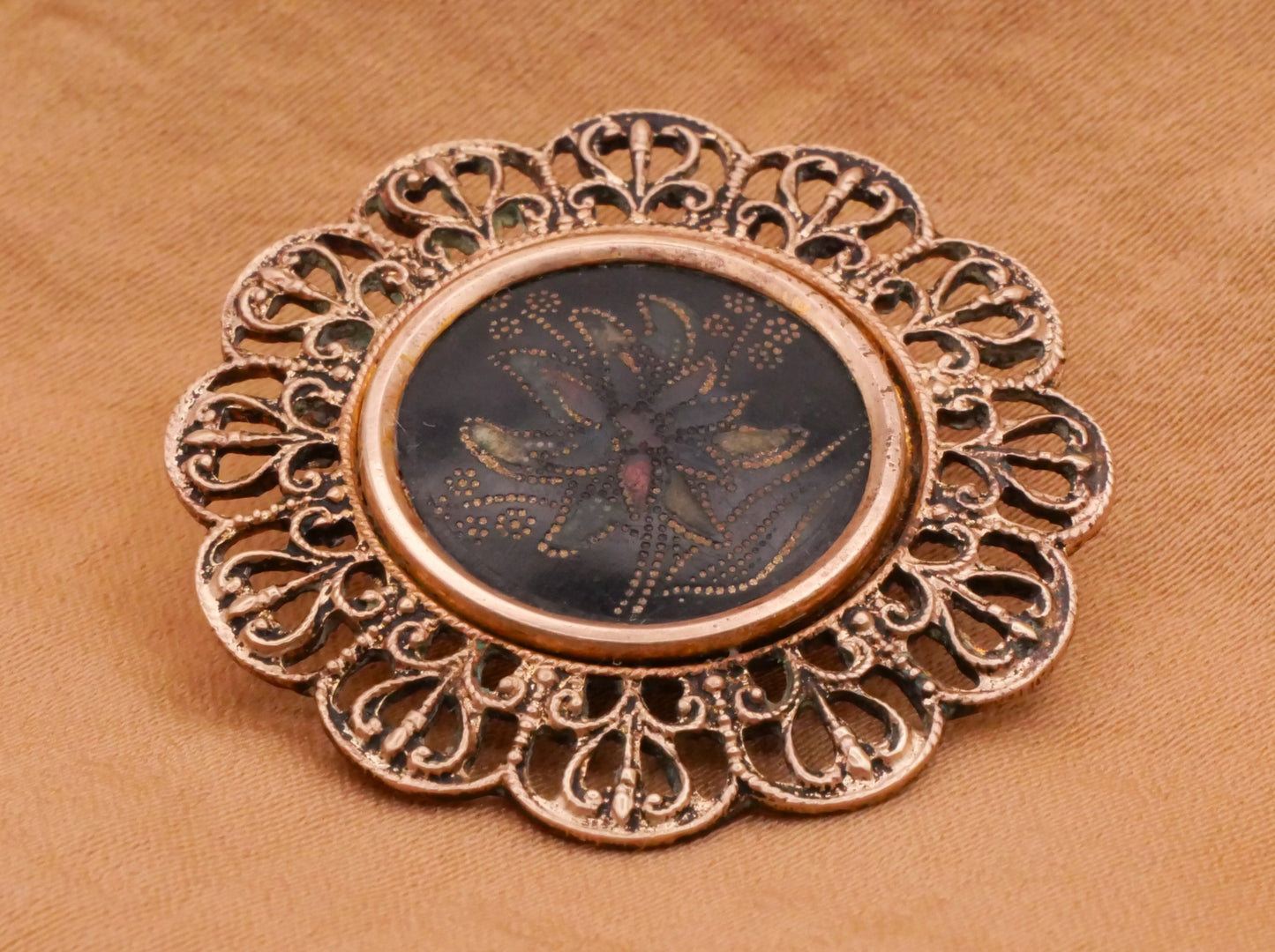 Flower Looks Like Horn Celluloid Filigree Metal Victorian Button 31mm