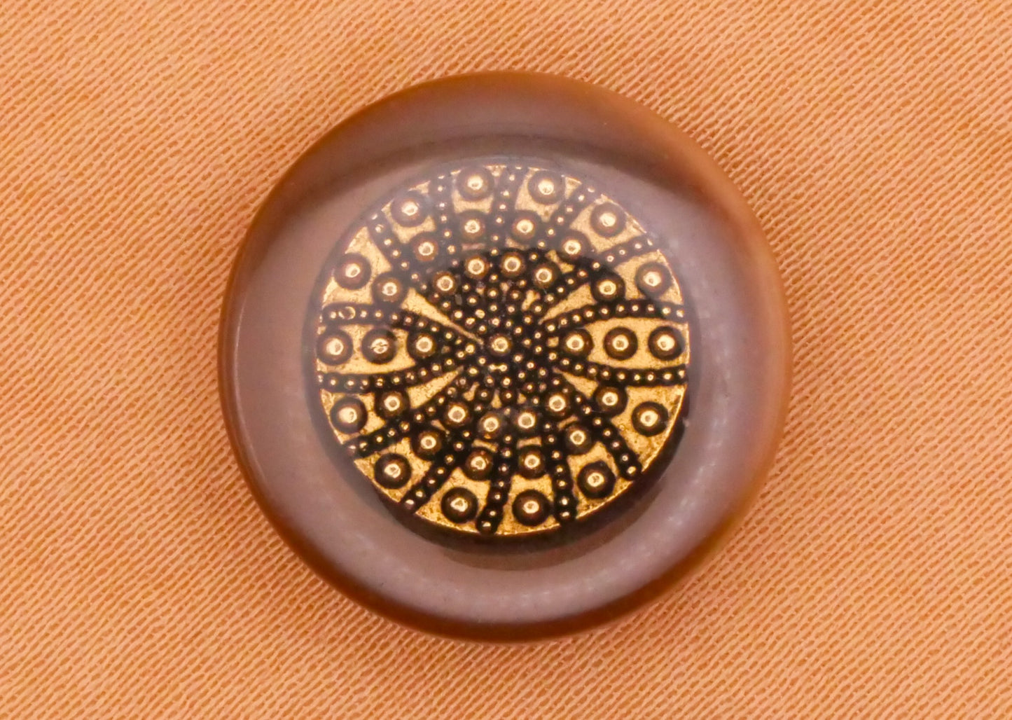 Gold Spiral Rays Design Under Plastic Vintage Brown Button 17mm