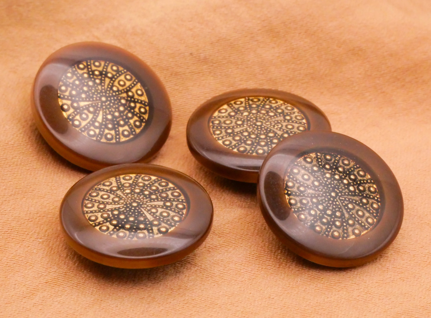 Gold Spiral Rays Design Under Plastic Vintage Brown Button 17mm