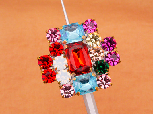 Rhinestone Colorful Cross Vintage Czech Glass Metal Large Button 31x34mm