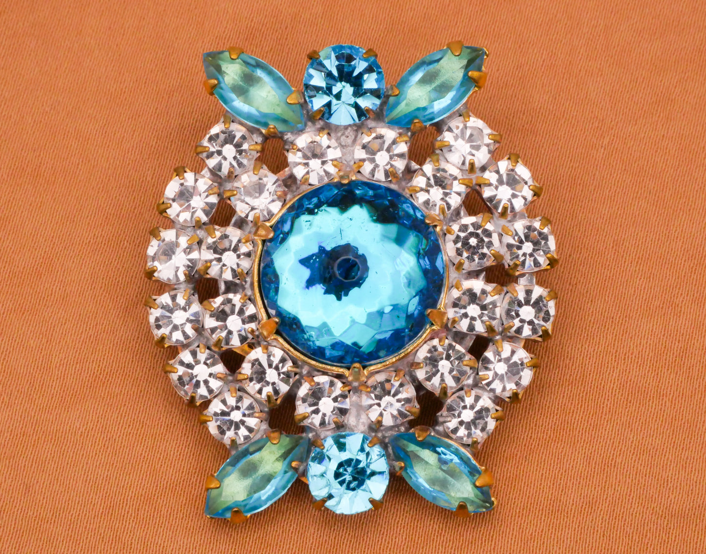 Rhinestone Aquamarine Faceted Foliage Frame Vintage Large Button 34x39mm