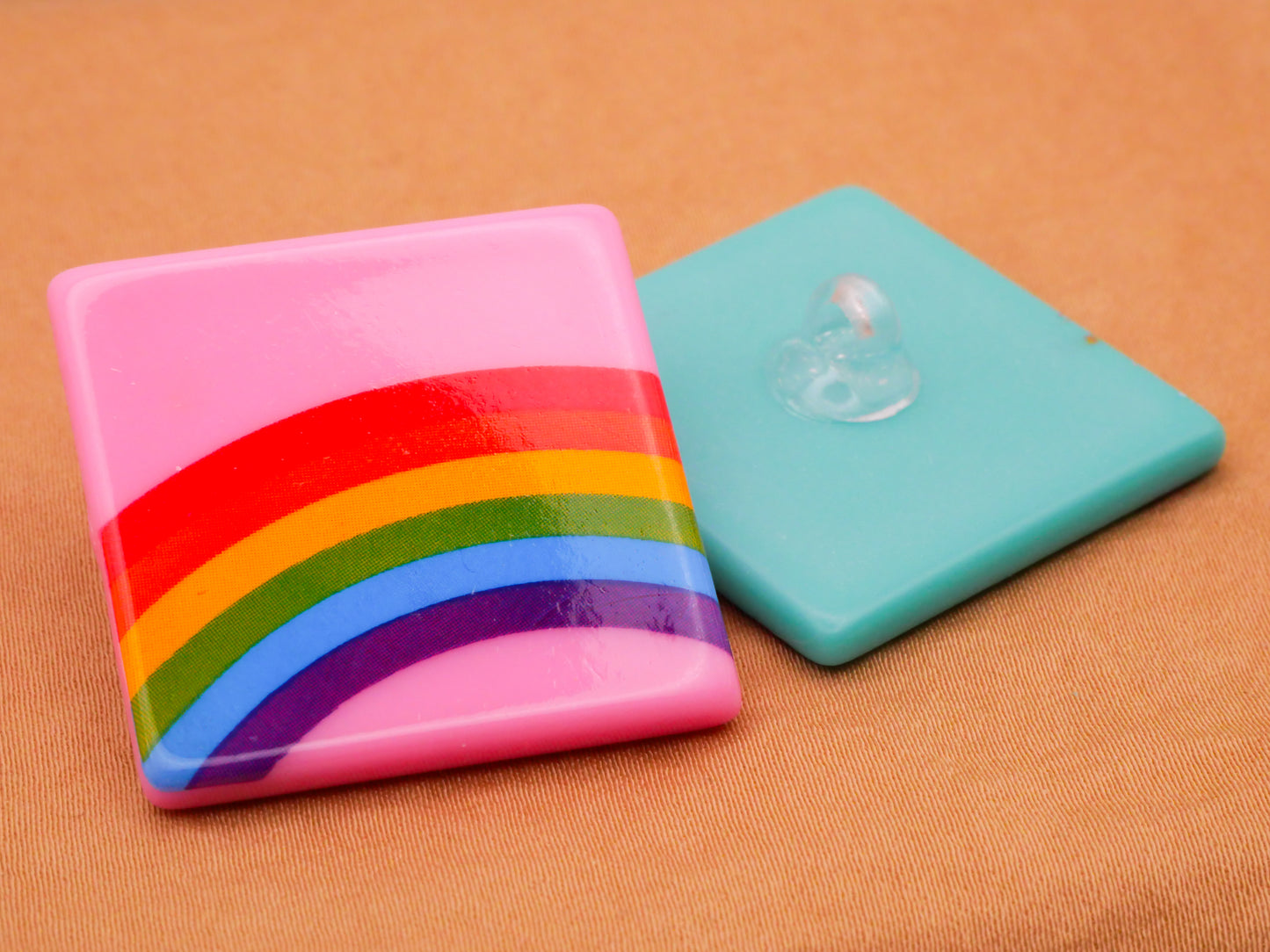 Rainbow Pink Teal Square Vintage Plastic Button Various 31mm