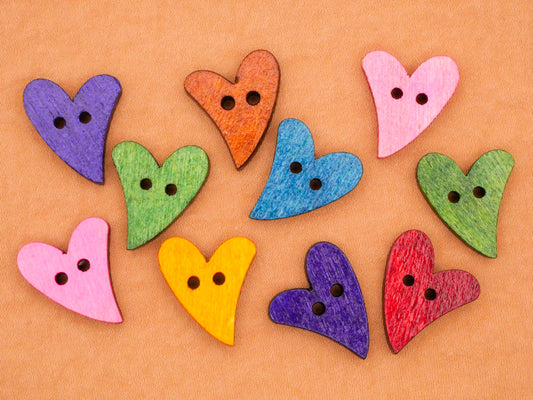 Colorful Hearts Asymmetrical Wood Set of Ten Buttons 16x18mm