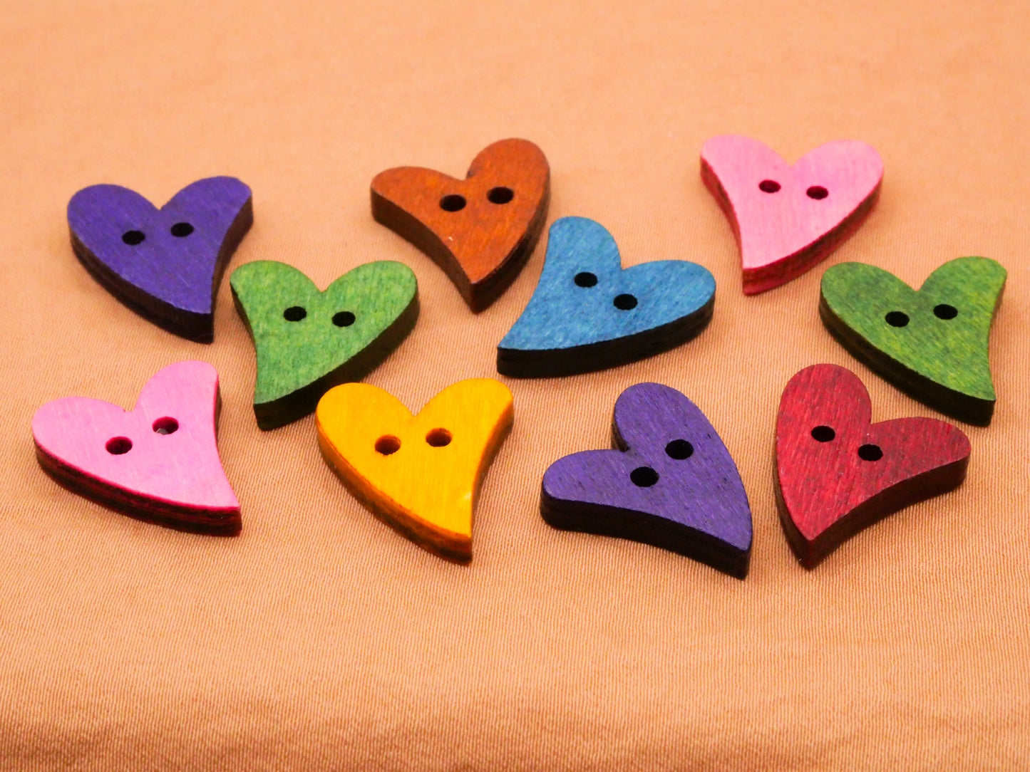 Colorful Hearts Asymmetrical Wood Set of Ten Buttons 16x18mm