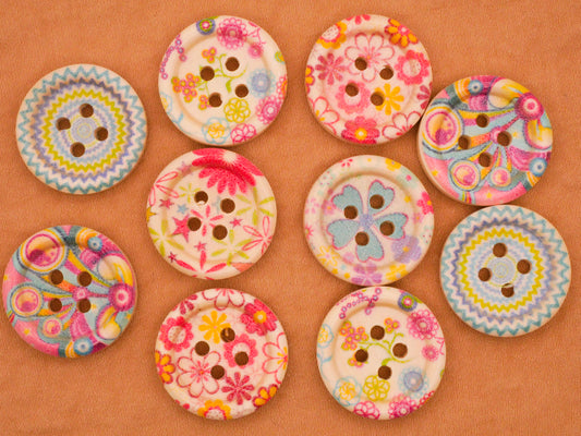 Bright Groovy Flower Designs Wood Set of Ten Buttons 20mm