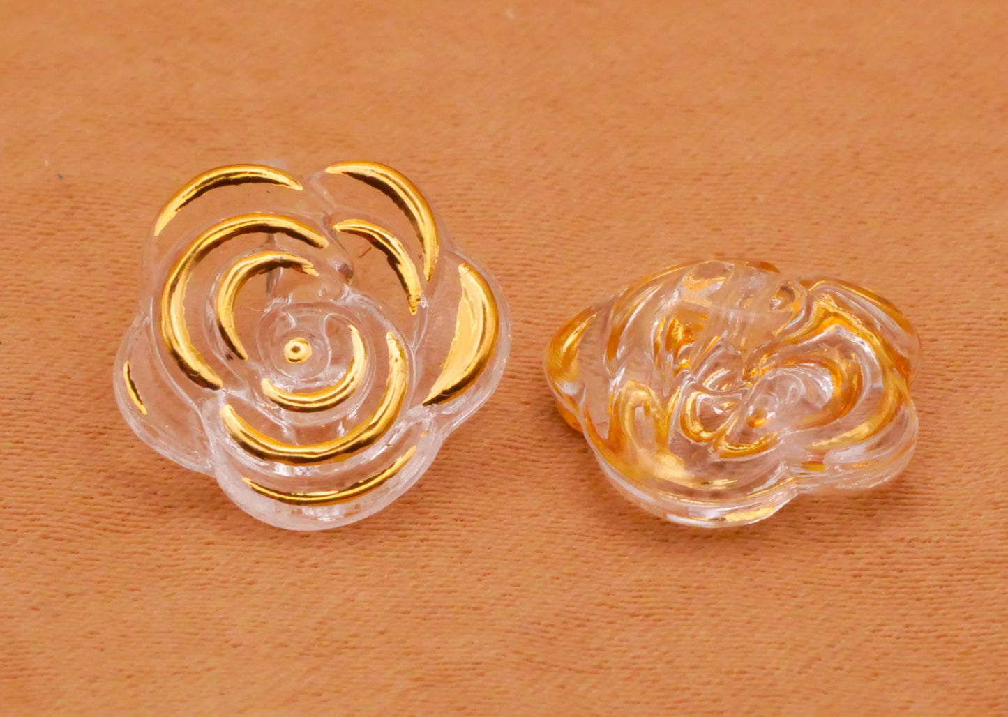 Rose Flower Gold Clear Transparent Plastic Set of Ten Buttons 12mm