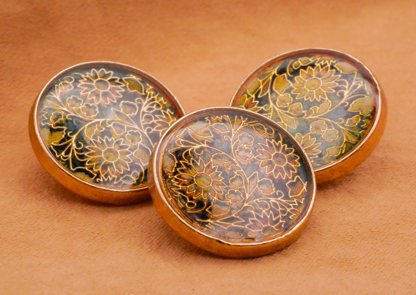 Flowers Gold Green Blue Design Under Plastic Resin Metal Button 18mm