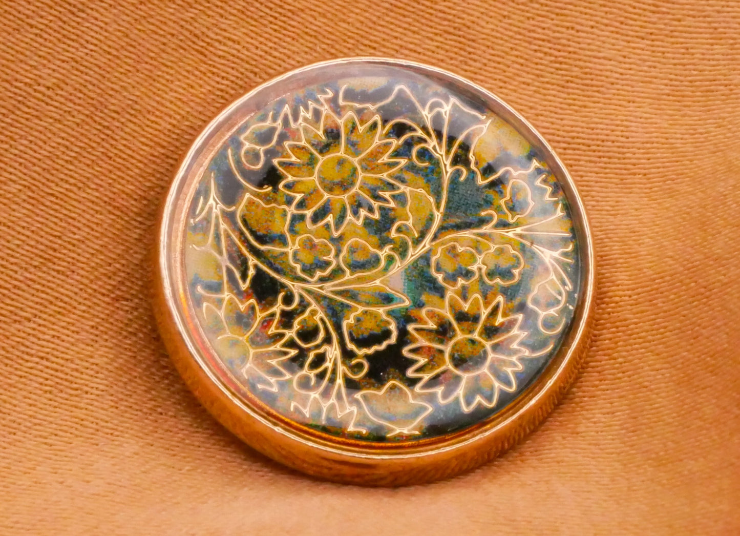 Flowers Gold Green Blue Design Under Plastic Resin Metal Button 18mm