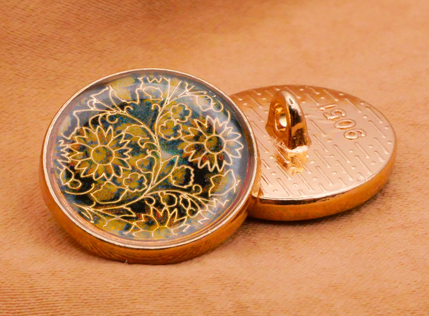 Flowers Gold Green Blue Design Under Plastic Resin Metal Button 18mm