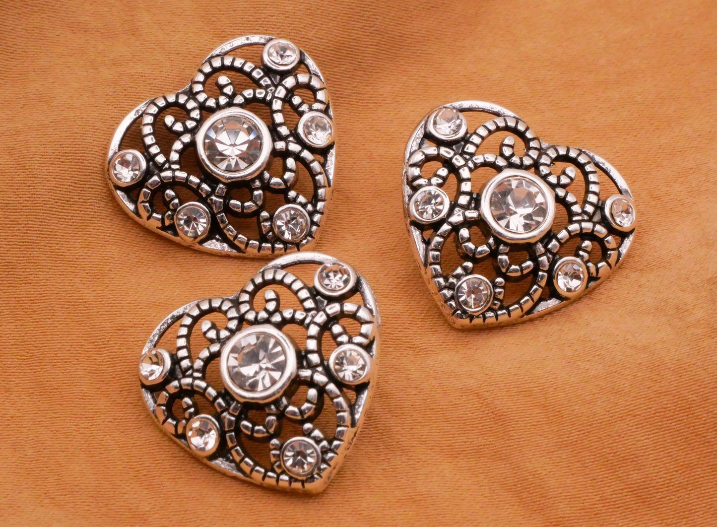 Heart Filigree Rhinestone Openwork Silver Metal Button 18x21mm