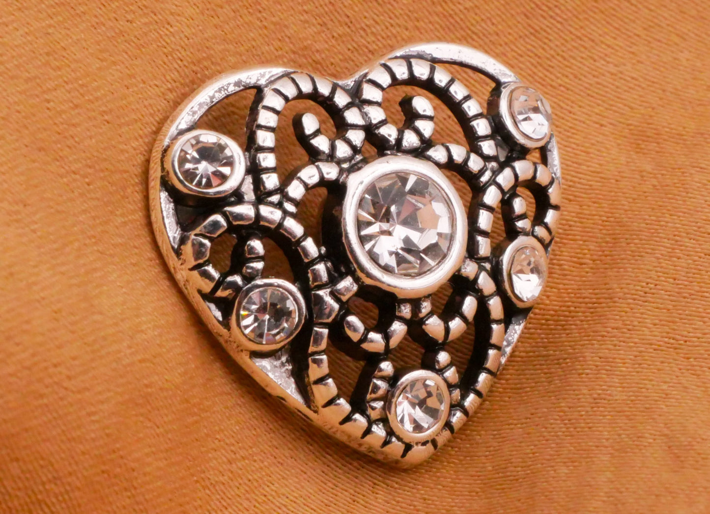 Heart Filigree Rhinestone Openwork Silver Metal Button 18x21mm